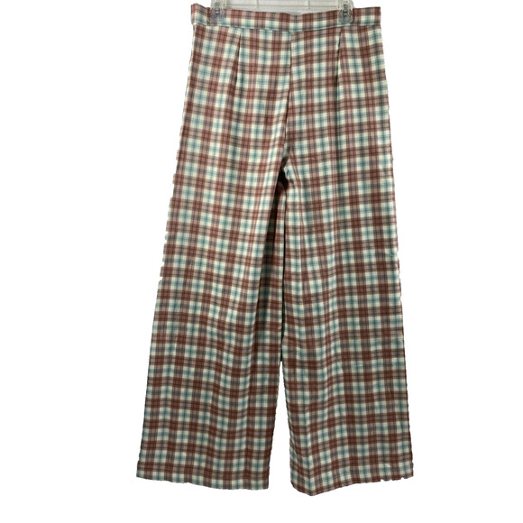 Time After Time Wide Leg Pants Womens Medium Blue Pink Cream Plaid Preppy Slacks - Picture 2 of 10